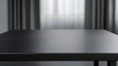 A minimalistic black table captures soft natural light, set against elegant curtains, evoking a calm and serene space ideal for contemporary interior design inspiration.の素材