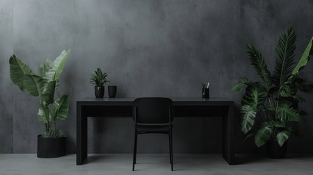 A chic home office featuring a sleek black desk and chair, surrounded by vibrant green plants against a dark gray wall, creating a serene atmosphere for focused work.の素材