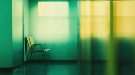 An empty chair sits in a tranquil waiting room illuminated by soft light, combining faded colors and reflections for a peaceful and relaxing atmosphere ideal for contemplation.の素材