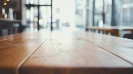 A beautifully crafted wooden table captured in a cozy cafe environment, showcasing a warm and inviting atmosphere ideal for interior design and lifestyle content.の素材