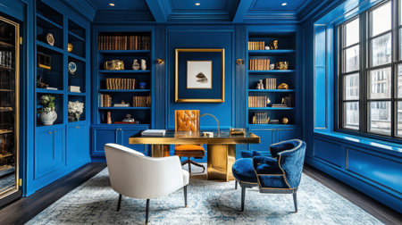 An elegant home office featuring vibrant blue walls, modern furniture, and a stylish desk, creating a perfect environment for productivity and relaxation.の素材
