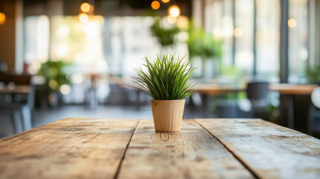 A charming green plant in a wooden pot sits centered on a rustic table, enhancing the cozy modern restaurant atmosphere with inviting soft lighting and natural decor.の素材