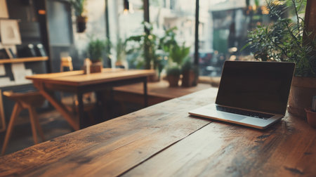 A serene and inspiring workspace featuring a laptop on a wooden table, enhanced by lush indoor plants and warm natural light in a stylish cafe environment.の素材