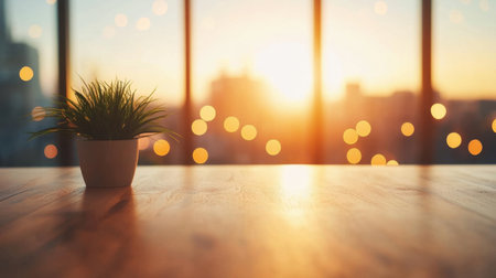 A tranquil workspace with a potted plant captures a stunning sunset view. The warm glow and bokeh create a serene atmosphere ideal for relaxation and inspiration.の素材