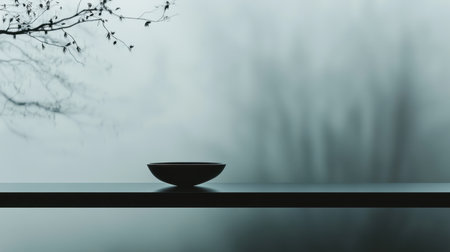 A serene and minimalist composition featuring a simple bowl on a sleek table, set against a dreamy backdrop of trees veiled in soft fog, creating a peaceful atmosphere perfect for reflection.の素材