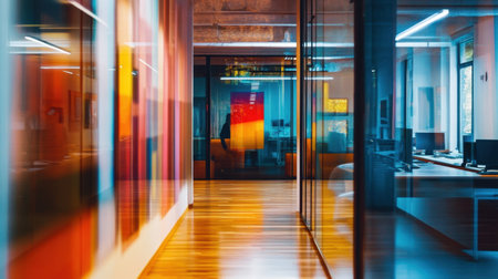 A stylish modern office interior featuring colorful artwork, sleek furniture, and abundant natural light creates a vibrant atmosphere for creativity and collaboration.の素材