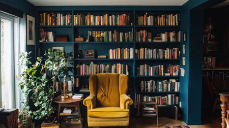 A cozy reading nook featuring a vibrant yellow armchair surrounded by a collection of books on shelves. The green plants add a touch of nature to a stylish interior space.の素材