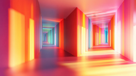 A mesmerizing corridor infused with vibrant colors and light, creating an artistic and surreal ambiance perfect for modern design and creative projects.の素材