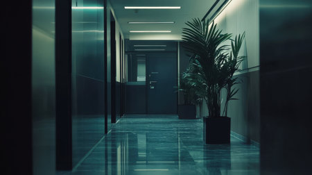 A tranquil office hallway featuring glossy floors and indoor plants, complemented by soft lighting. This detailed scene emphasizes a modern workspace design, ideal for productivity.の素材