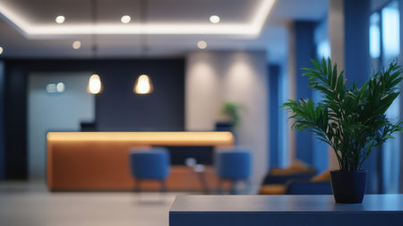 A beautifully designed reception area showcasing modern aesthetics, featuring an indoor plant, stylish chairs, and elegant lighting creating a warm corporate environment.の素材