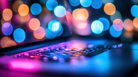 A close-up of a modern laptop with a glowing keyboard, set against a vibrant bokeh background that adds a creative touch, reflecting digital culture and innovation.の素材