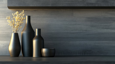 This image captures a stylish arrangement of black ceramic vases with dried flowers on a dark wooden shelf, perfect for inspiring modern home interiors and decorative ideas.の素材