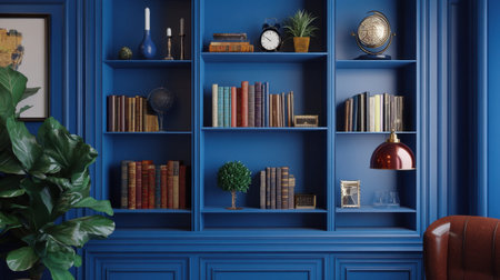 A beautifully arranged bookshelf against a vibrant blue wall, featuring an eclectic mix of colorful books, decorative objects, and greenery, perfect for a cozy reading nook or stylish living space.の素材