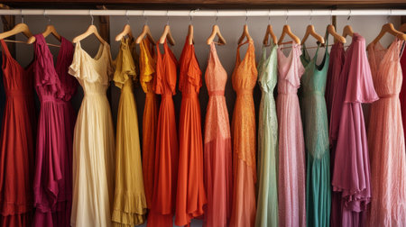 A stunning array of colorful dresses elegantly displayed on hangers, perfect for inspiring fashion choices for weddings, parties, or casual outings in an inviting boutique atmosphere.の素材
