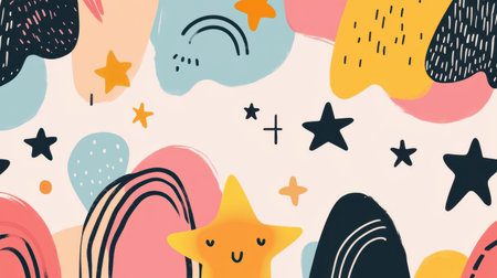 A vibrant abstract background featuring playful stars, rainbows, and colorful shapes, ideal for creative projects, designs, and playful themes, evoking joy and whimsy.の素材