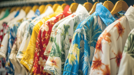 A collection of vibrant tropical shirts displayed on wooden hangers in a clothing store, showcasing bright colors and floral patterns ideal for casual summer outfits.の素材