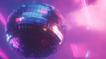 A shiny disco ball suspended in mid-air, surrounded by colorful reflections and dynamic lighting, creating an energetic atmosphere perfect for any party scene or celebration.の素材