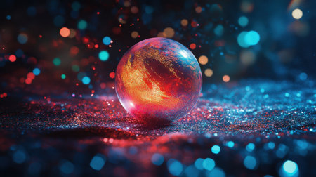 A stunning colorful sphere radiates light amidst a backdrop of ethereal particles, perfect for fantasy, abstract art, and creative design projects that evoke a sense of magic and wonder.の素材