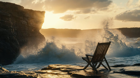 A tranquil scene capturing a wooden chair positioned by the roaring ocean waves at sunset, offering a moment of peace amidst nature's beauty and vibrant colors.の素材