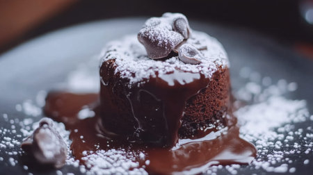 A delightful chocolate lava cake with oozing ganache topped with powdered sugar, perfect for dessert lovers seeking a sweet, indulgent experience any time of the day.の素材