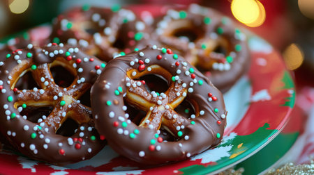A festive display of chocolate-covered pretzels with colorful sprinkles, ideal for holiday treats and gatherings, adding sweetness to celebrations and joy to festive tables.の素材