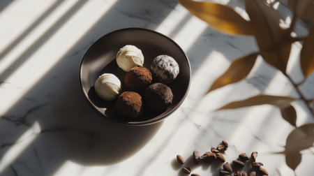 A beautiful arrangement of gourmet chocolate truffles in a dark bowl, sitting on a marble table, bathed in soft sunlight, perfect for food photography or dessert enthusiasts.の素材