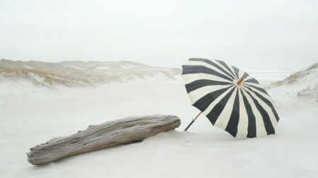 A serene setting featuring a striped umbrella and driftwood on a foggy beach, evoking tranquility and a sense of solitude in natureの素材