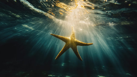 A mesmerizing underwater scene highlighting a starfish surrounded by shimmering light rays, capturing the tranquil beauty of marine life and the wonders beneath the ocean surface.の素材