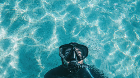A diver with a mask prepares for underwater exploration. Clear blue water reflects sunlight, creating enchanting patterns on the ocean floor, inviting adventure.の素材