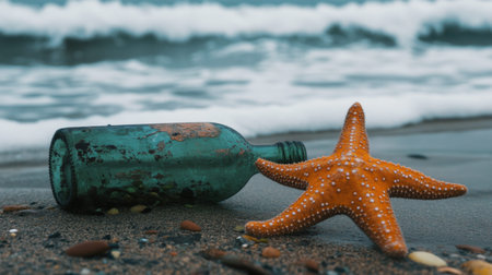 A picturesque beach scene featuring a colorful starfish and a rustic glass bottle, highlighting the beauty of nature and the impact of human activity on coastal ecosystems.の素材
