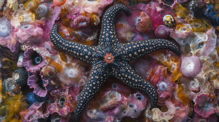 A stunning close-up of a starfish resting atop a vibrant coral arrangement, showcasing the beauty and diversity of marine ecosystems in crystal clear waters.の素材