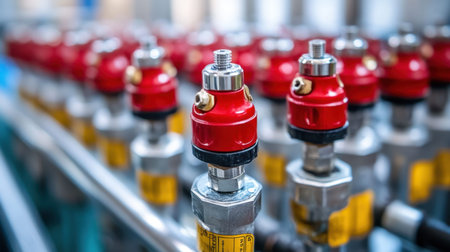 This image showcases a detailed close-up of industrial pressure regulators with vibrant red accents, highlighting their importance in manufacturing and process control systems.の素材
