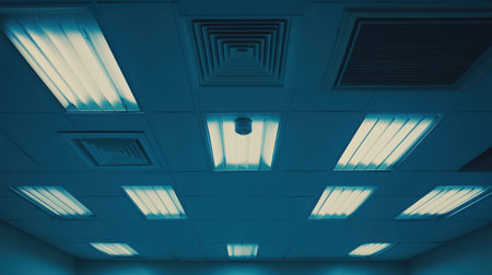 A striking image of a modern office ceiling featuring air vents and fluorescent lights, perfect for showcasing contemporary workspace aesthetics and industrial design elements.の素材