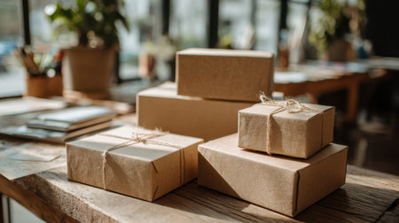 Experience the charm of perfectly wrapped gift boxes on a wooden table illuminated by natural light. Ideal for projects related to celebration, giving, and crafting.の素材