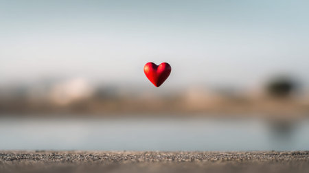 A vivid red heart floats gracefully against a soft, serene background, evoking feelings of love and passion in a minimalist and artistic composition.の素材