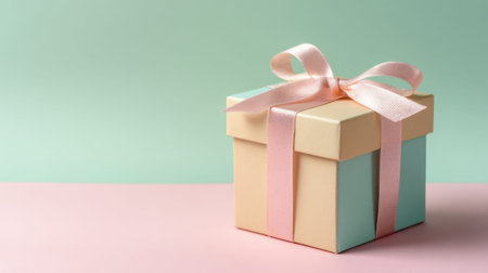 A charming and elegant gift box wrapped in soft pastel colors with a satin ribbon. Perfect for special occasions, birthdays, and festive celebrations, it adds a stylish touch.の素材