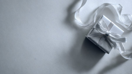 A chic silver gift box elegantly tied with a ribbon rests on a textured background, setting a sophisticated tone for any festive or celebratory occasion.の素材