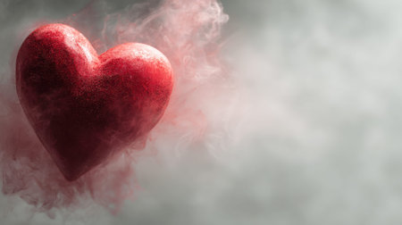 A striking red heart shape emerges from soft gray smoke, evoking themes of love and emotion, perfect for creative projects or celebration of romance.の素材