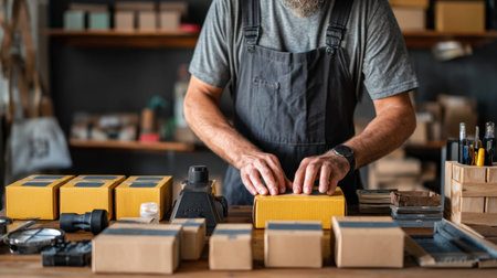 A dedicated artisan meticulously packs handmade goods in a well-organized workshop, emphasizing quality, craftsmanship, and attention to detail in every step.の素材