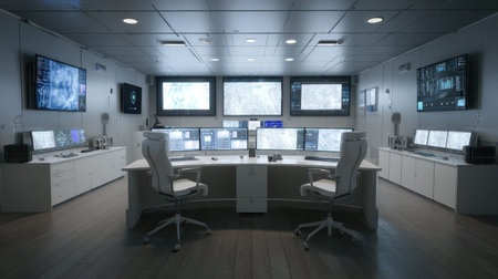 Sleek control room featuring advanced technology and multiple monitors, designed for operational efficiency and productivity in a modern workspace.の素材