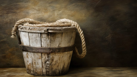 A rustic wooden bucket featuring a twisted rope handle, resting against a textured background that enhances its vintage charm, perfect for home decor or craft inspiration.の素材