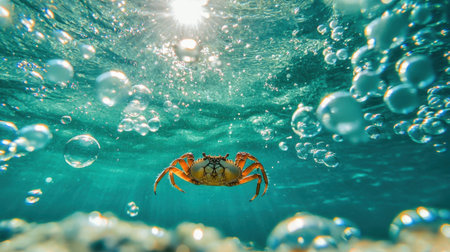 A stunning underwater view showcasing a crab swimming among bubbles, illuminated by sunlight. This image captures the essence of marine life in a vibrant, clear ocean setting.の素材