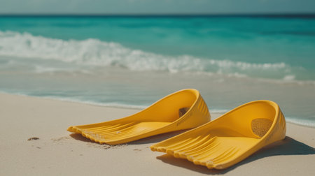 Bright yellow snorkeling fins are placed on a serene sandy beach, inviting adventure and relaxation under the warm sun by the turquoise ocean waves. Perfect for tropical escapades!の素材