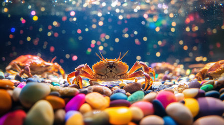 This captivating underwater image features a crab positioned among colorful pebbles, surrounded by a sparkling bokeh background that enhances its artistic allure.の素材