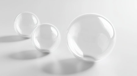 A trio of clear bubbles sits on a smooth white surface, casting gentle shadows that enhance their three-dimensional quality, creating an elegant minimalist aesthetic.の素材