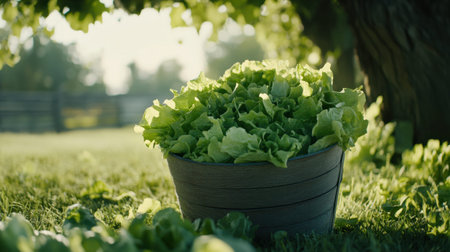 A serene scene depicting a pot of freshly harvested lettuce in a wooden container, bathed in warm sunlight amidst a lush grassy background, perfect for showcasing nature's bounty.の素材