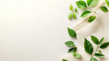 An elegant arrangement of various green leaves on soft beige fabric creates a tranquil and minimalistic scene, perfect for design and nature-inspired projects.の素材