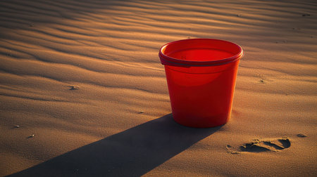 A vibrant red bucket sits alone on the sandy beach, capturing the essence of summer and inviting memories of playful moments under the warm sunset glow.の素材
