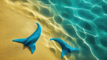Discover a serene scene featuring vibrant blue shark fin imprints on a golden sandy beach, with crystal clear turquoise water gently lapping at the shore under the warm sunlight.の素材