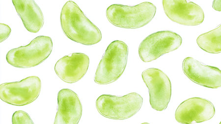 Discover a whimsical hand-painted pattern featuring vibrant green bean shapes, perfect for adding a touch of nature-inspired elegance to your creative projects or designs.の素材